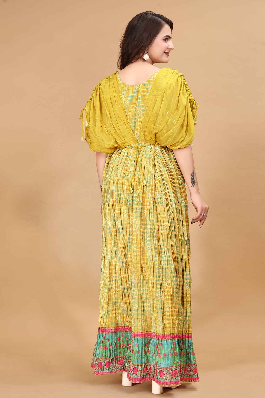 Yellow Sequence Georgette Gown with Belt