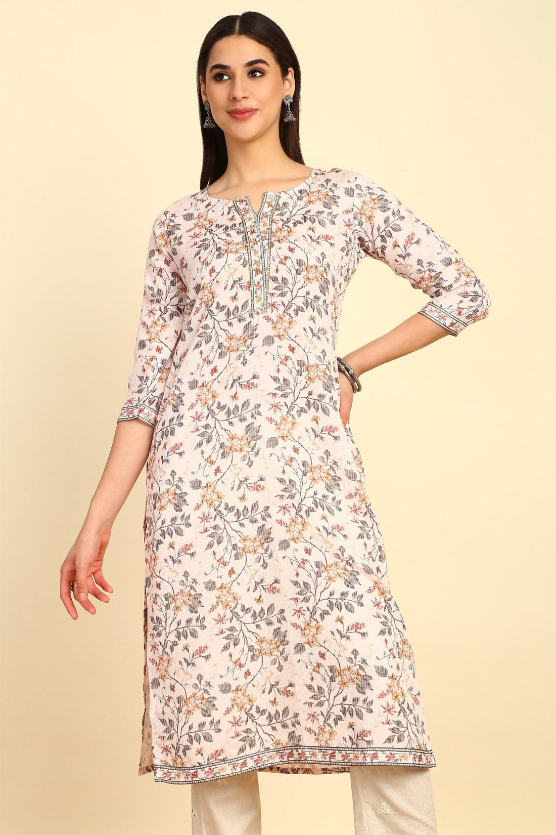 Beige Floral Printed Cotton Blend Kurta With Sequins
