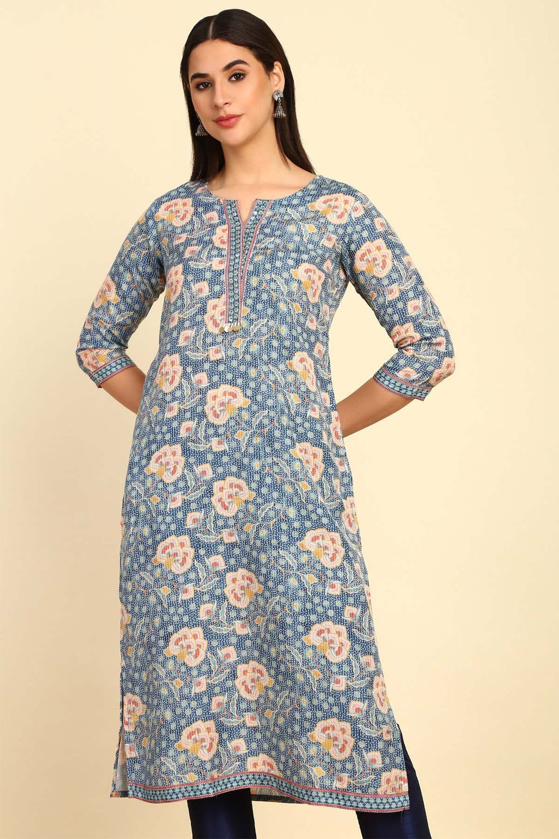 Blue Floral Printed Cotton Blend Kurta With Sequins