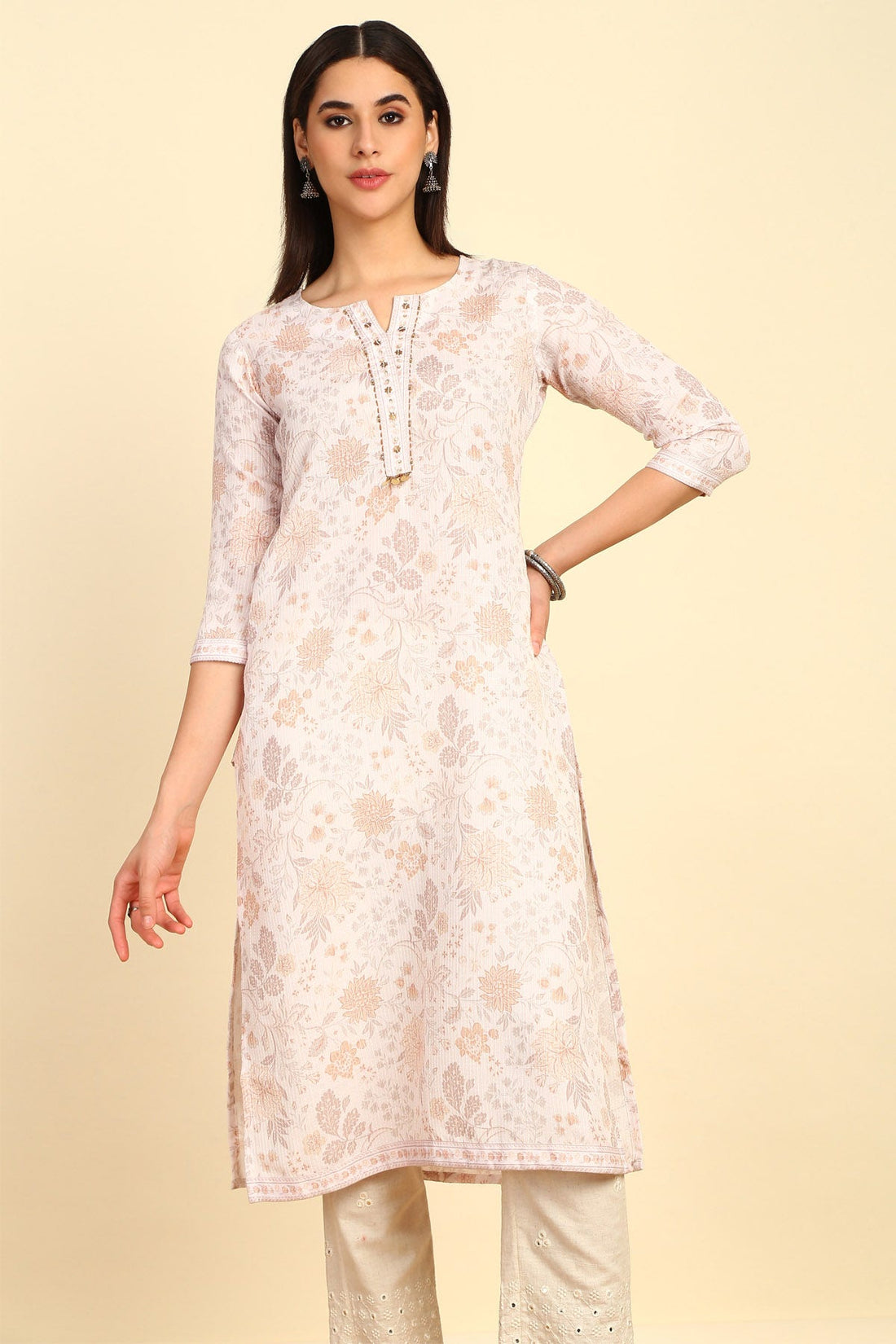Cream Floral Printed Cotton Blend Kurta With Sequins